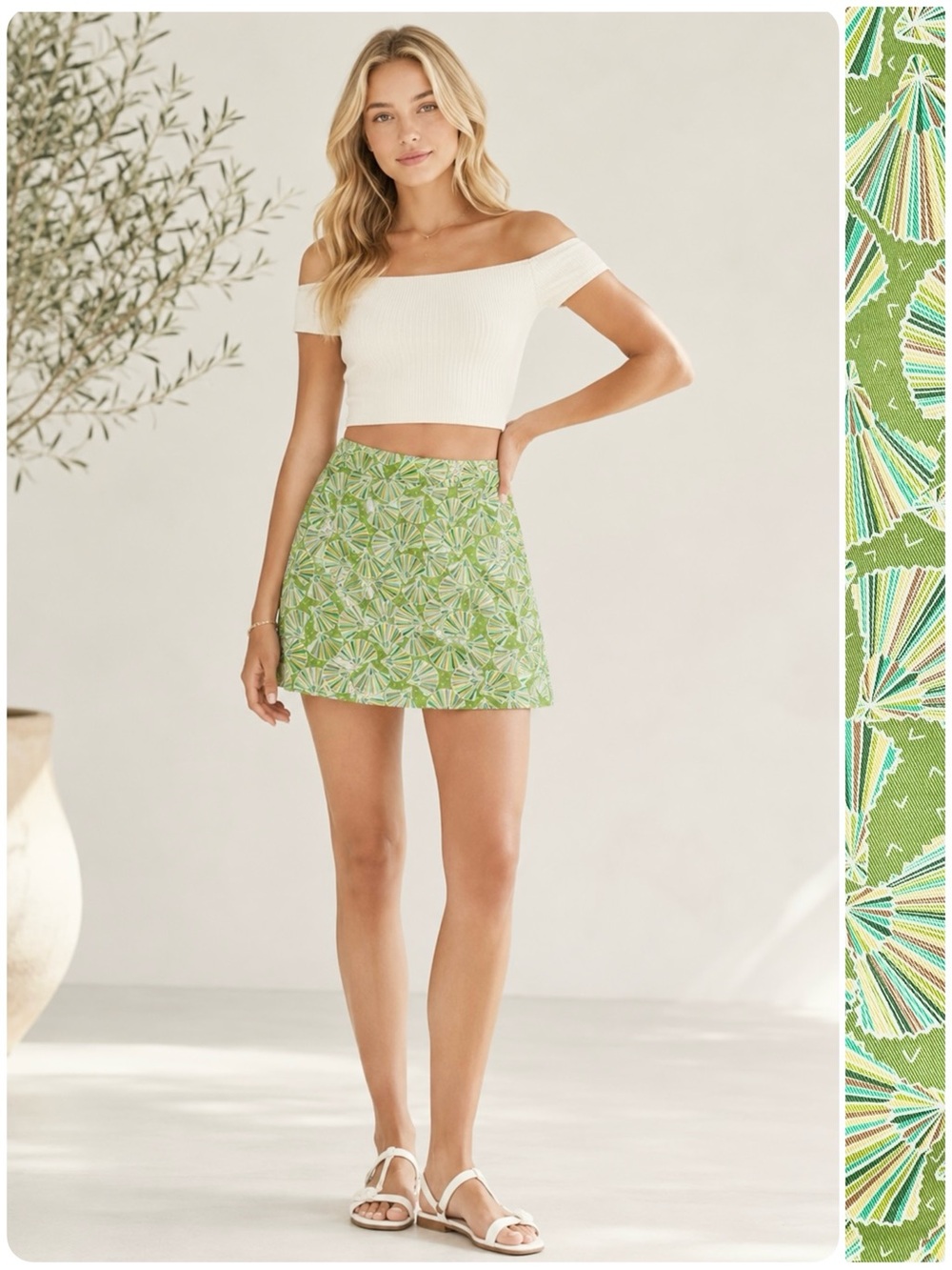 J.Crew Mini Skirt 100% Cotton Green Liberty Fan Print Back Zipper Closure